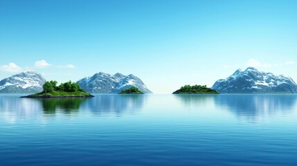 Serene landscape featuring islands and mountains in calm waters.