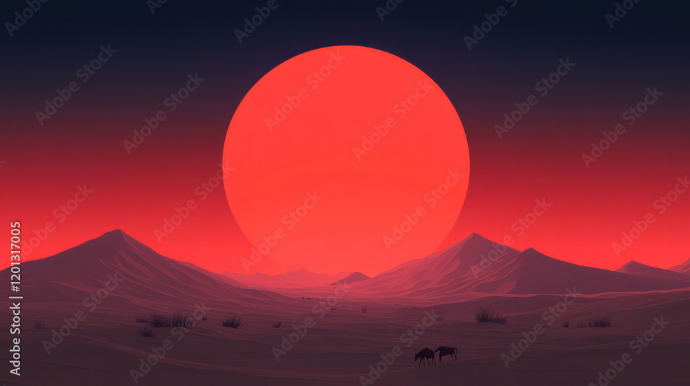 Poster a tranquil desert scene with towering sand dunes, sparse vegetation, and a setting sun casting long 