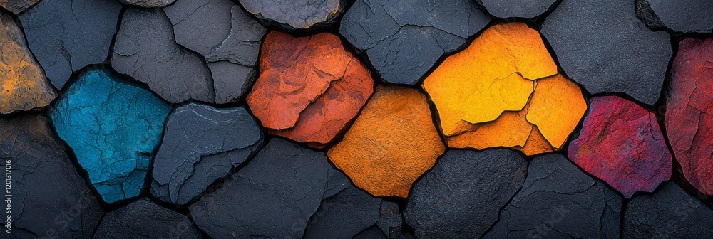 Poster an artistic close-up of volcanic rocks and minerals, showcasing intricate textures and vibrant miner