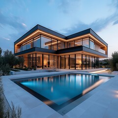 Fototapeta premium Modern architecture meets serene twilight at a luxurious villa with a sparkling pool surrounded by lush greenery. Generative AI