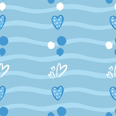 Minimal hearts and stripes seamless pattern design in blue