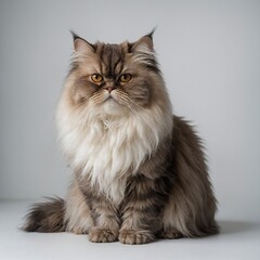 A fluffy Persian cat sitting gracefully on a white background.