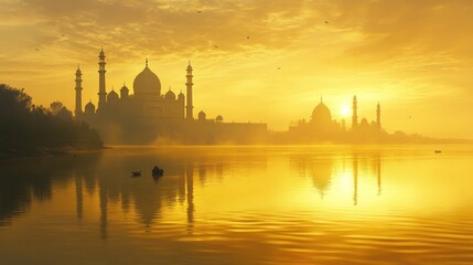 Naklejka premium Golden Sunrise Over Mosques and Calm River