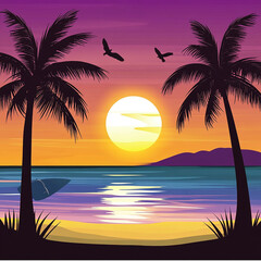 Palm trees at a tropical beach during a stunning sunset with serene ocean views offering the perfect relaxing vibes for a summer holiday in an exotic paradise with a scenic horizon to explore


