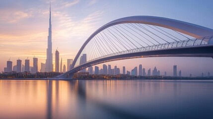 Naklejka premium Tall buildings, arching bridge reflected on tranquil water.
