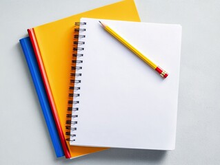 Elegant flat lay composition of two blank spiral-bound notebooks with a pencil on a minimalist grey background, showcasing the beauty and simplicity of stationery for note-taking or sketching