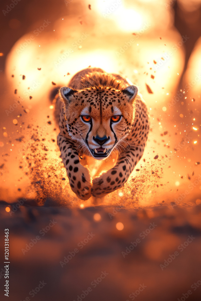Poster a detailed illustration of a cheetah sprinting across the savanna, capturing its speed and agility i