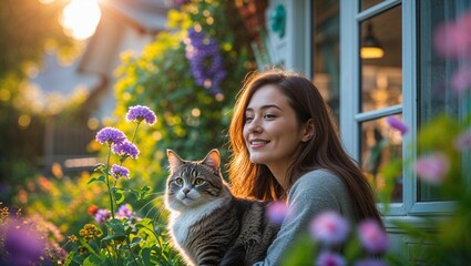 Smiling people, woman and child, share feline love holding their domestic pets