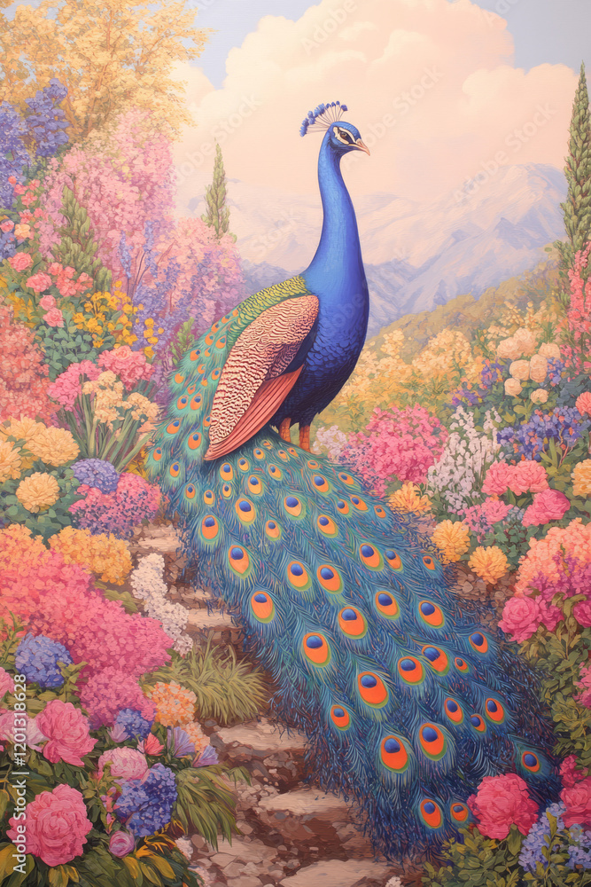 Poster a vibrant depiction of a peacock displaying its colorful plumage in a lush garden setting,