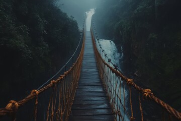 Misty rope bridge over waterfall in dense forest exuding adventure and mystery