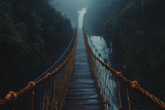 Fototapeta Misty rope bridge over waterfall in dense forest exuding adventure and mystery
