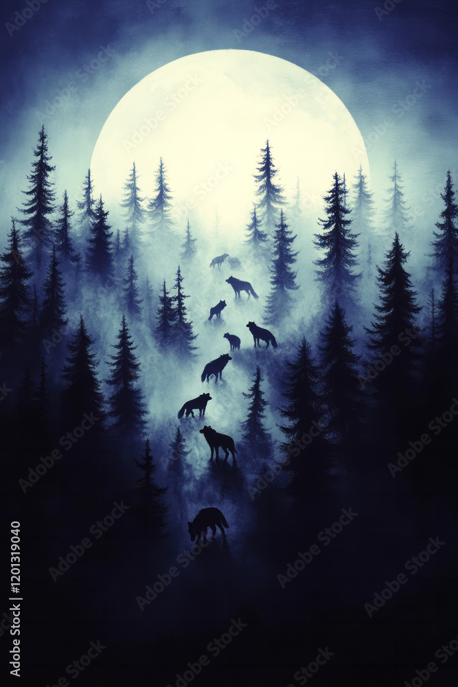 Poster An artistic representation of a wolf pack navigating through a dense forest under the light of a full moon,