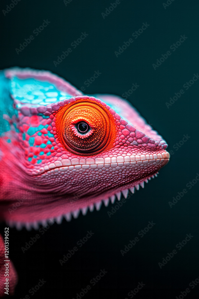 Poster a detailed close-up of a chameleon changing its color on a leafy branch, showcasing its unique adapt