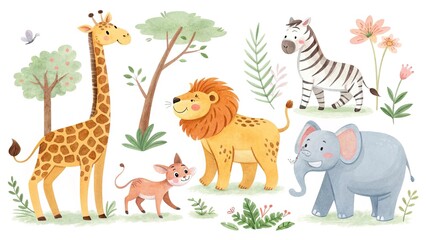 Fototapeta premium Cute wild animals in cartoon style, isolated on a white background for a playful look