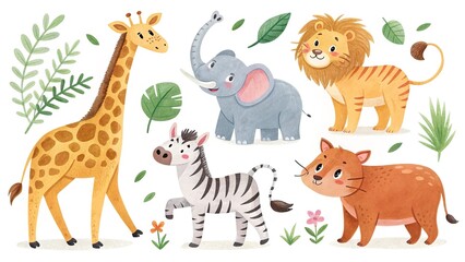 Obraz premium Cute wild animals in cartoon style, isolated on a white background for a playful look