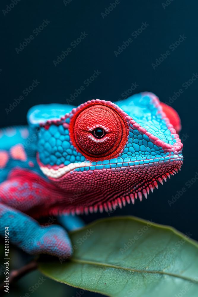Poster a detailed close-up of a chameleon changing its color on a leafy branch, showcasing its unique adapt