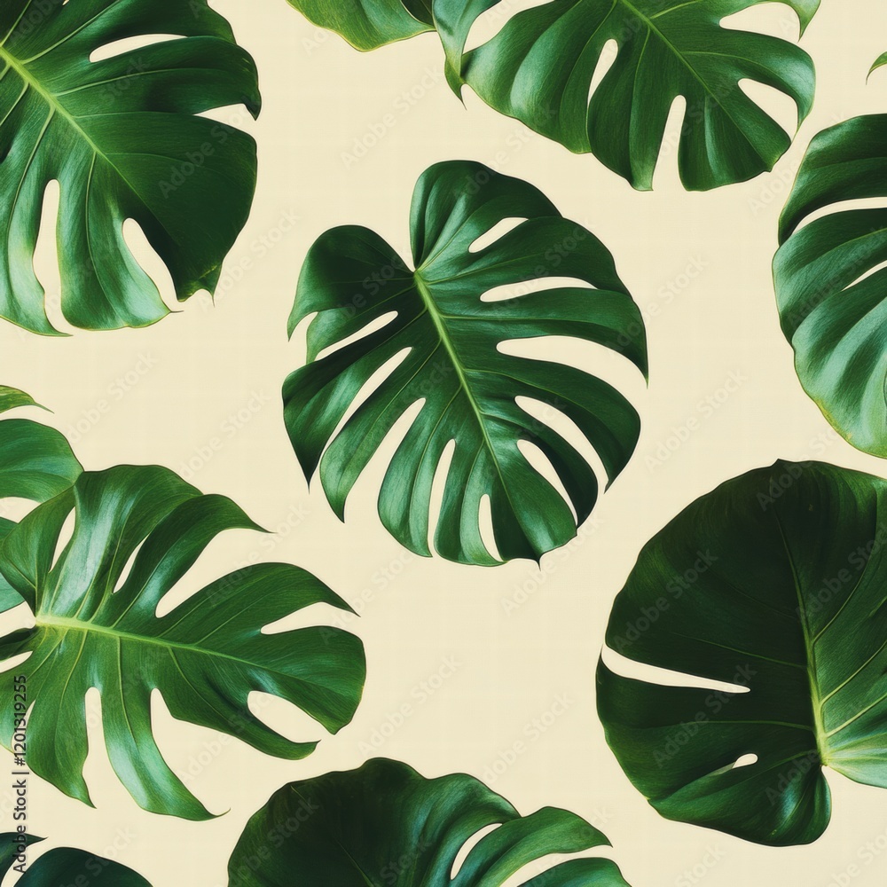 Aufkleber lush green monstera leaves on a light background create a vibrant natural pattern in a simple design