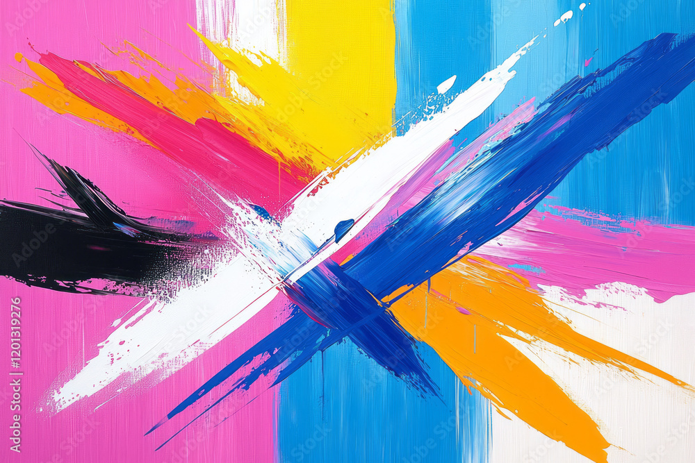 Poster a vibrant abstract painting with bold colors and dynamic brushstrokes, creating a sense of movement 