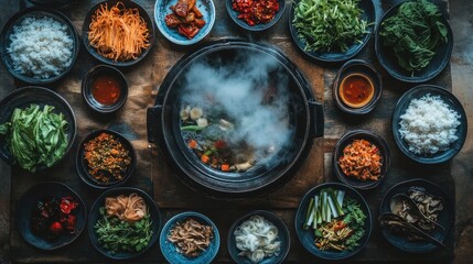 An overhead shot of a family-style shabu dinner, with a hot pot in the center, surrounded by various plates of ingredients and steaming bowls of rice on a rustic table