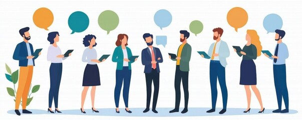 Obraz premium Team collaboration meeting with discussion bubbles office setting digital illustration professional environment eye-level viewpoint