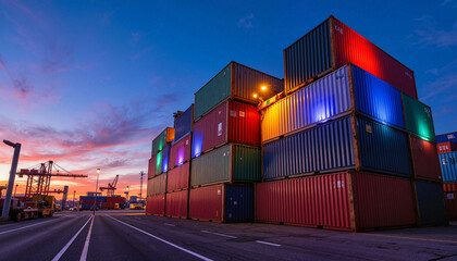 Fototapeta premium Colorful containers stacked at harbor during twilight, logistics concept