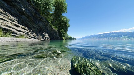 Serene lakeside view with clear water and lush greenery.