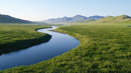 Serene River in Green Grassland
