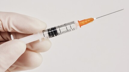 Gloved hand holding a syringe filled with liquid against a white background.