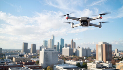Delivery drone soaring over urban skyline, innovative logistics