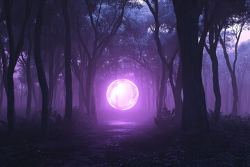 Fototapeta premium Mysterious glowing orb in enchanted forest at dusk with purple hues
