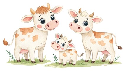 Adorable dairy cow family illustration, full of charm and love, isolated on a clean white background