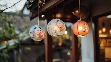 Traditional Chinese New Year celebration with red lanterns hanging on the street, warm orange tones, and a festive atmosphere, highlighting family reunion and cultural heritage.