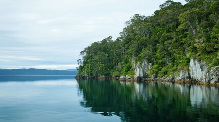 Tranquil lake with lush green coastline