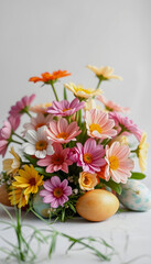 spring flowers bouquet with easter eggs, studio photography, with white tones