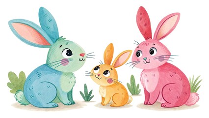 A sweet rabbit family, radiating warmth and affection, beautifully illustrated on a white background