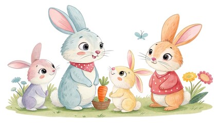 Obraz premium A sweet rabbit family, radiating warmth and affection, beautifully illustrated on a white background