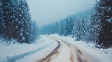 Obraz premium Foggy road winter in forest, sun peaking through mist