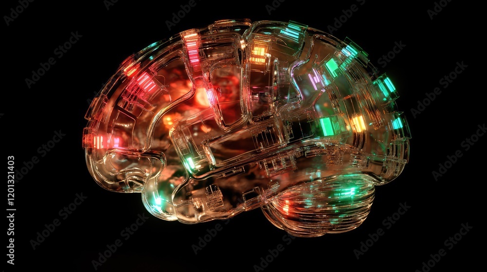 Poster illuminated transparent brain model glowing with color