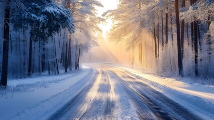 Obraz premium Foggy road winter in forest, sun peaking through mist