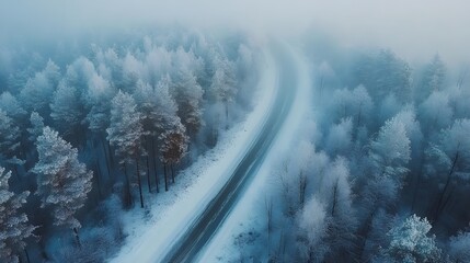 Foggy road winter in forest, sun peaking through mist