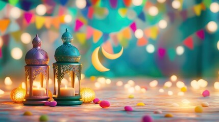 Obraz premium Festive Ramadan Lanterns with Candles and Colorful Lights