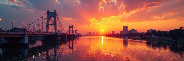 Fototapeta premium Golden hour sunset paints Maha Chesadabodindranusorn Bridge, Chao Phraya River reflecting vibrant colors , mahachesadabodindranusornbridge, colors
