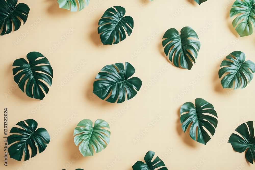 Poster elegant green leaves arranged on a soft yellow background creating a vibrant interior design element