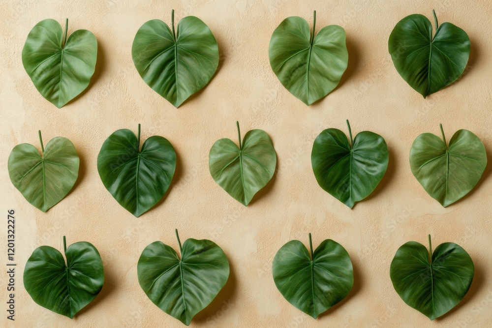 Poster green heart shaped leaves arranged on a textured background create a vibrant botanical display. gene