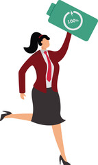 Full battery recharge, full energy to work or refresh from exhaustion, burnout recover, fuel employee or productive and efficient concept, energetic businesswoman superhero carry full recharge battery