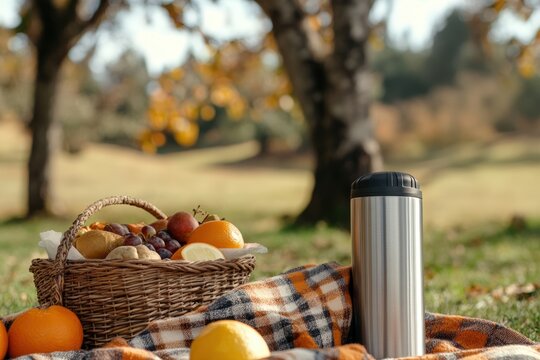 Autumn picnic scene with basket of fruits and thermos on plaid blanket in park - Powered by Adobe