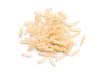 pile of  brown rice isolated on white background. Top view. Flat lay.