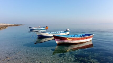 Naklejka premium Tranquil Seascape with Fishing Boats