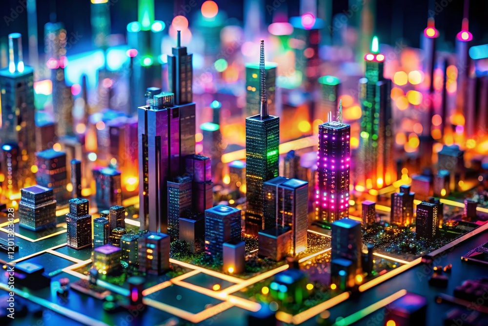 Poster miniature generative ai world: futuristic data streams & digital landscape