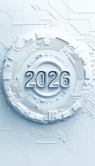 Technology Innovation Concept. 2026 Year In Futuristic White Design With Circuit Board Pattern